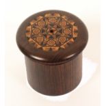 A Tunbridge ware turned rosewood cylinder string box, the domed over hanging screw lid with an inset