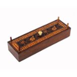 A Tunbridge ware rosewood cribbage box, of rectangular form, the lift off lid with central bone