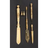 Five bone objects incorporating Stanhopes, comprising a bone paper knife with pierced handle (