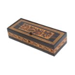 A Tunbridge ware coromandel wood pin hinge box, of rectangular form, the lid with a floral mosaic