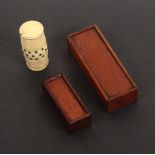 Three cased sets of miniature bone dominoes, comprising a barrel form bone container inset with