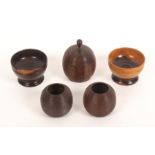 Treen – five pieces, comprising a rib turned rosewood apple shaped box, 12.5cms, a pair of