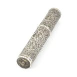 A good 18th Century silver filigree cylinder bodkin case, the whole decorated in geometric quillwork