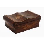 A Palais Royal sewing box with a full complement of tools, the rosewood box with undulating lid