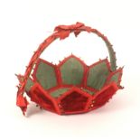 A mid 19th Century home crafted material sewing basket, of octagonal form in red velvet and silk,