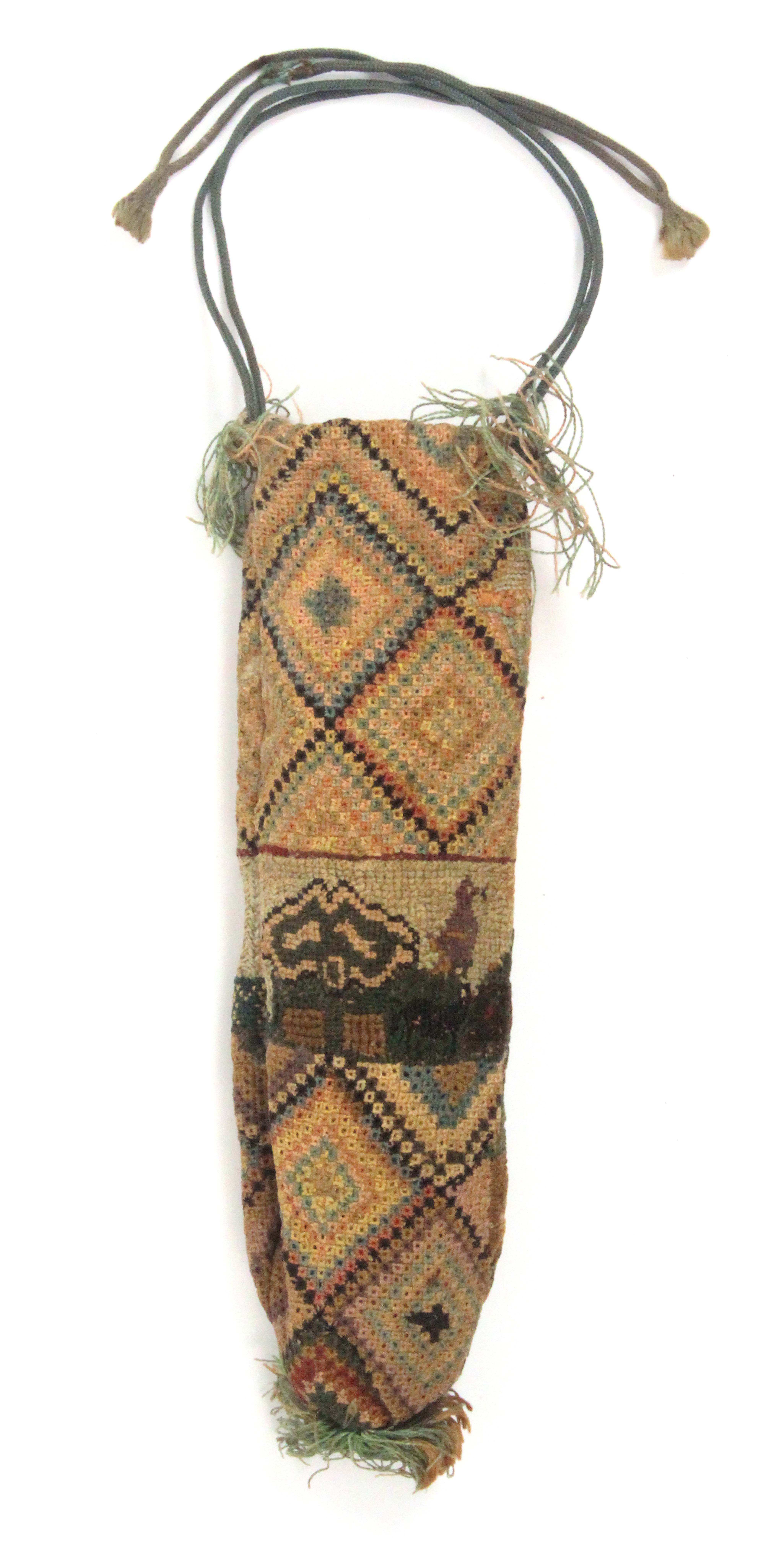 A charming late 18th Century drawstring purse or bag, of narrow cylinder form worked with diamond