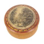 A rare early Tunbridge ware whitewood paint and print decorated turned whitewood box, the bulbous