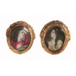 A fine pair of 19th century gold mounted buttons each with an oval miniature on ivory, one of a