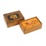 Two early white wood rectangular boxes, probably early Tunbridge ware, both with sliding lids, one