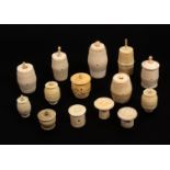 Fourteen 19th Century bone and ivory cotton barrels, including oriental examples, some s.d. and with