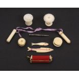 A mixed lot – sewing, comprising two ivory cylinder form emeries with mother of pearl tops, 3cms,