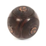 A rosewood Tunbridge ware carpet ball sovereign case, the six ring turned faces each centred by a