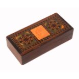 A Tunbridge ware rosewood three division rectangular stamp box, with one penny Edward VII stamp