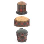 Tartan ware – three pieces, comprising a pail form pin cushion (Prince Charlie), 5.5cms, an oval pin