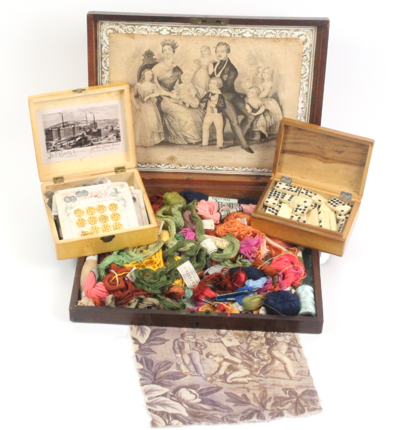 A mixed lot, comprising a floral decorated white wood reel box with printed internal label for ‘J - Image 2 of 2