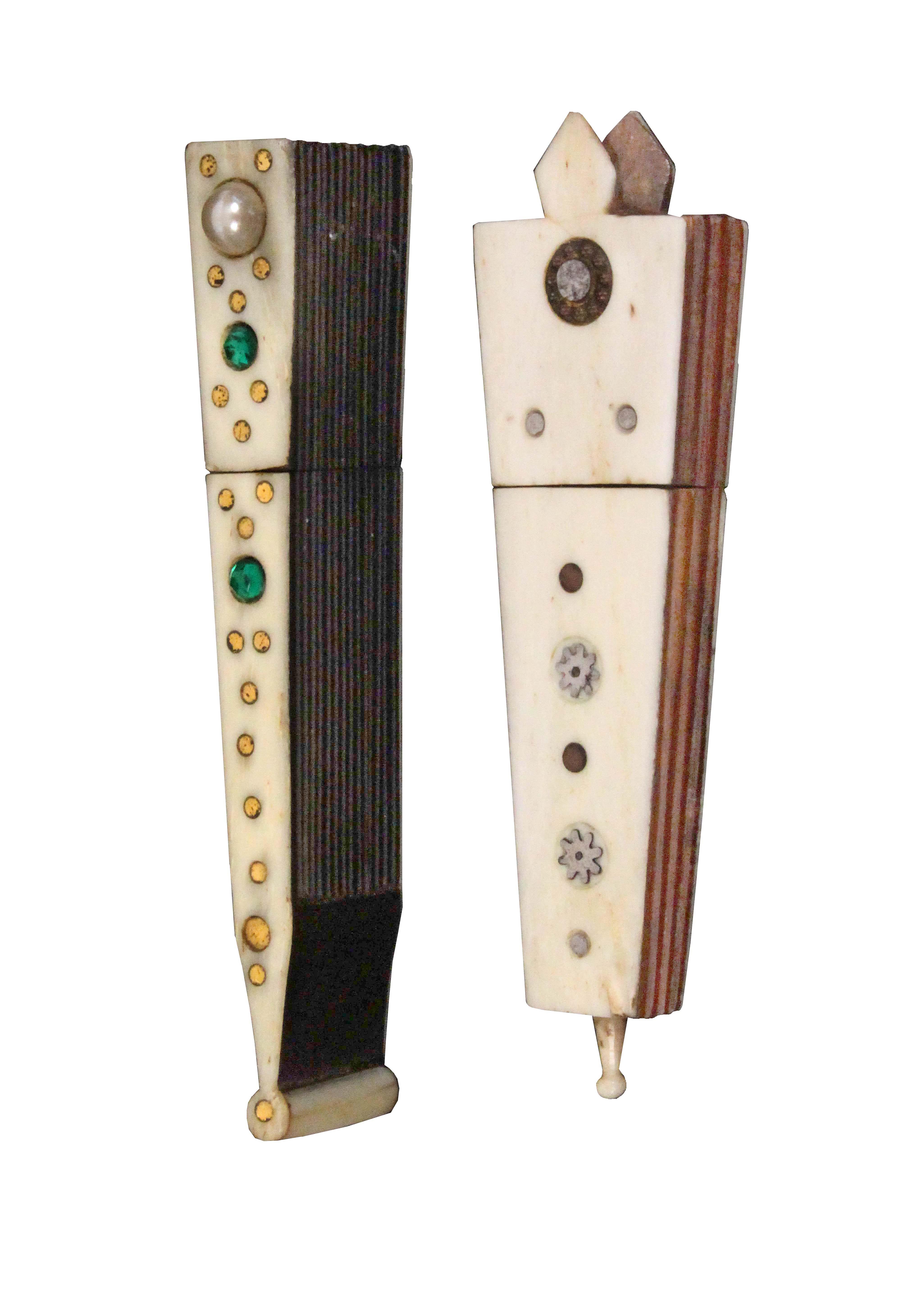 Two mid 19th Century bone mounted wooden needle cases, comprising an example in the form of a closed