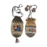 Two 19th Century bead work drawstring purses, one with a floral band, two areas of loss, 16cms,