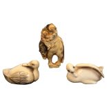 Three early 20th Century ivory netsuke, comprising two of ducks, 4.5cm and 5cm, and another as a