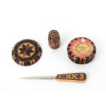 Tunbridge ware – sewing, four pieces, comprising a stick ware barrel form waxer, 3.2cms, a stick