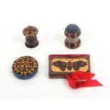 Tunbridge ware – four pieces, comprising a rosewood needle book each leaf with a butterfly in