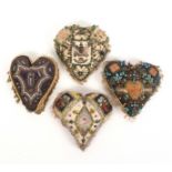 Four heart shaped large format sweetheart pin stuck and bead military style pin cushions, some