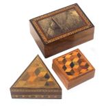 Three Tunbridge ware boxes, comprising a square mahogany lift off lid example with cube work top,