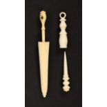 A bone needle case and a 19th Century ivory stiletto, the needle case in the form of a furled