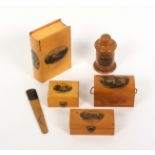 Mauchline ware – six pieces, comprising a book form box (Dungeon Ghyll, Lake District/Ennerdale/Wray