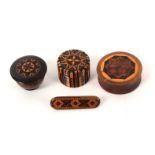 Tunbridge ware – four pieces, comprising a stick ware cylinder box, 3cms, a rosewood salve box