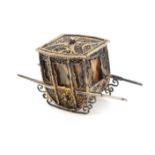 A 19th Century silver gilt filigree thimble box in the form of a miniature sedan chair, glazed