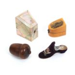 Four thimble cases and stands, comprising a slant top example in diamond pattern mother of pearl,