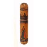 A 19th Century pale figured wood billet doux case, of rounded end cylinder form, the lower section
