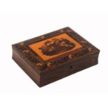 A Tunbridge ware rosewood rectangular writing box, the lid with a mosaic panel of a boy wearing a