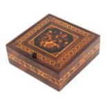 A Tunbridge ware rosewood pin hinge box of square form, the lid with floral mosaic panel within a