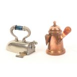 Two metal novelty tape measures, comprising a copper chocolate pot with agate handle the complete