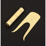 A 19th Century ivory lucet and a knitting nancy, the lucet impressed ‘Faudel’s’, 8.5cm, the nancy of