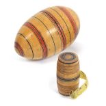Tunbridge ware – two early ring painted pieces, comprising a barrel form tape measure the complete