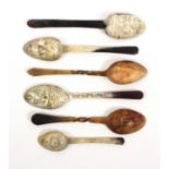 Six 19th Century engraved and inscribed continental horn spoons, two with twist handles and