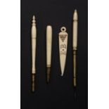 Three bone handled tambour hooks and a crochet hook, the tambour hooks each with brass chuck,