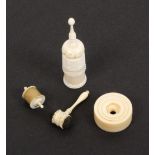 Four 19th Century ivory pieces, comprising a pin cushion in the form of a miniature gavel, 4cm, a