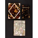 Three 19th Century card cases, all with hinged tops comprising a tortoiseshell and mother of pearl
