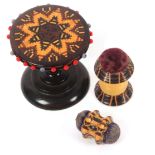 Tunbridge ware – sewing, three pieces, comprising a mosaic pin wheel on rosewood table base, 5.