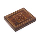 A Tunbridge ware rosewood folding portrait box, the hinged cover with a central panel of geometric