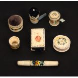 Seven 19th Century floral painted bone sewing tools, comprising a rectangular pin cushion ‘From
