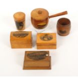 Mauchline ware – six pieces, comprising a large saucepan box, handle replaced (Bleak House and Pier,