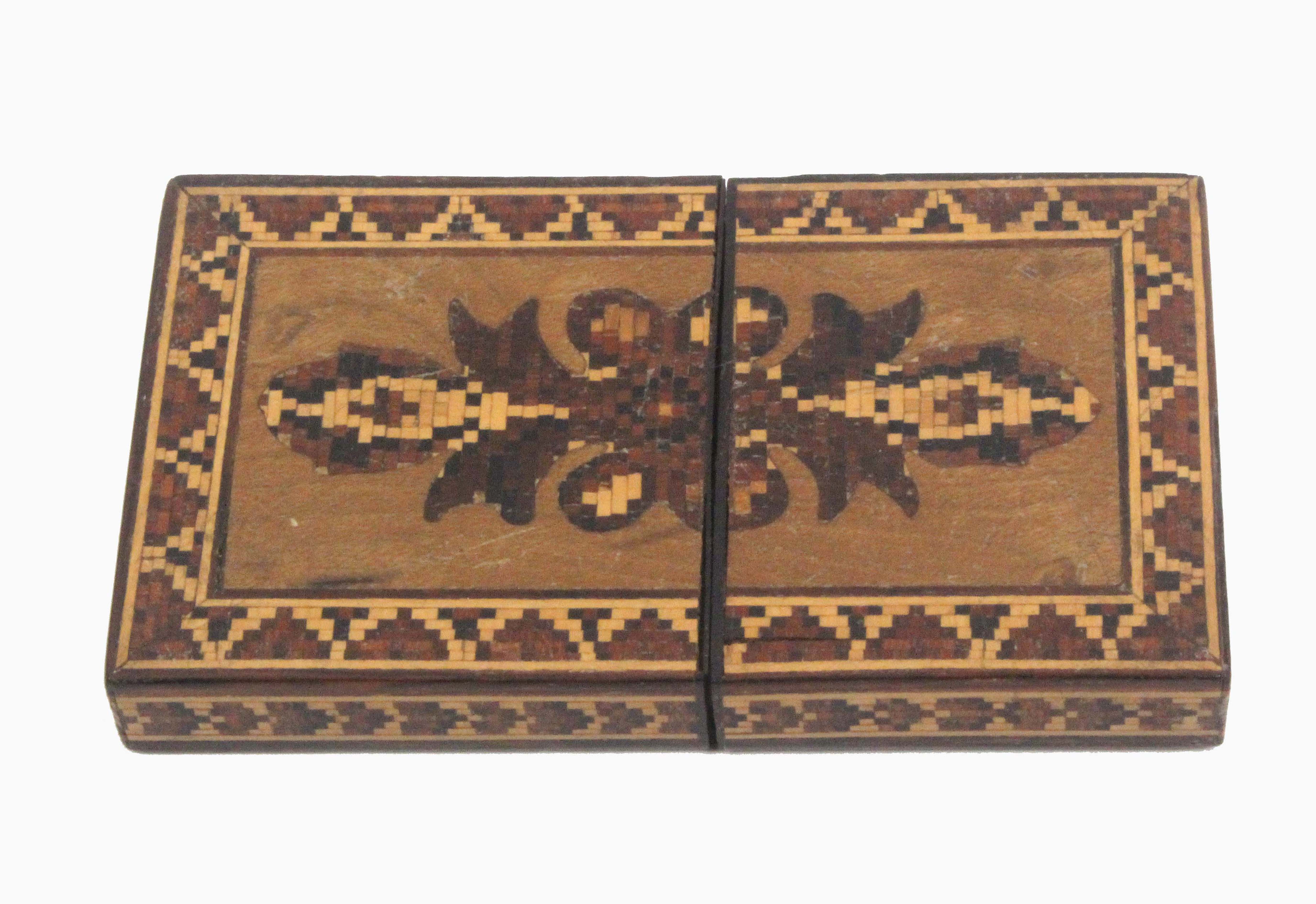 A Tunbridge ware visiting card case, of rectangular form one side with an inset panel of mosaic, the