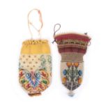 Two 19th Century bead work drawstring purses, one decorated in the American Indian style with