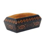 A Tunbridge ware sarcophagol form weighted pin cushion, probably Thomas Barton, the angled border