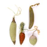 Four unusual pin cushions and emeries, comprising a green silk example as a runner bean, 6cms,