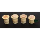 A 19th Century ivory and pearl tape measure and three matching cotton barrels, the tape measure of
